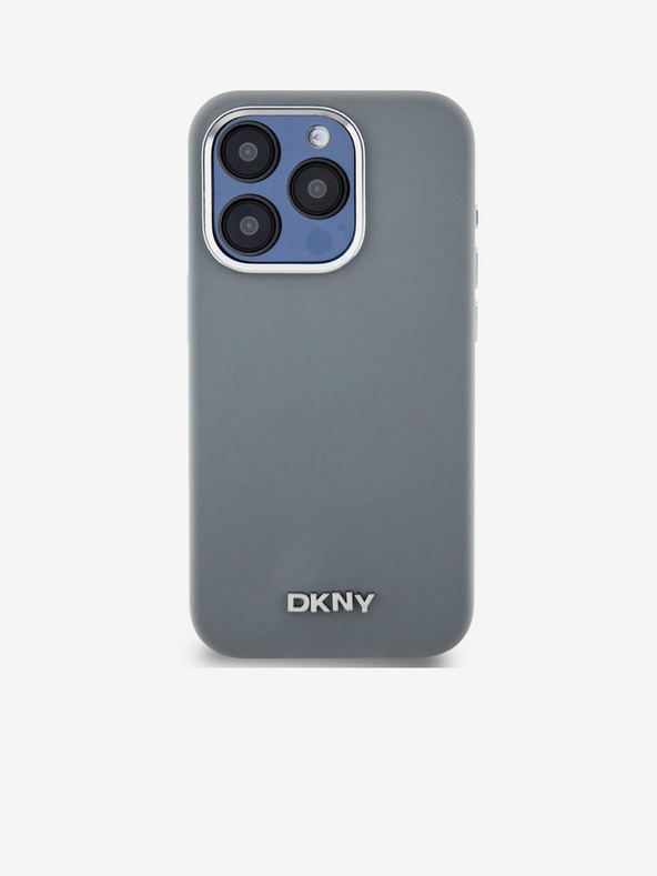 DKNY Tekoči silikonski srebrni kovinski logotip Magsafe hrbtni ovitek za iPhone 15 Pro Grey DKNY