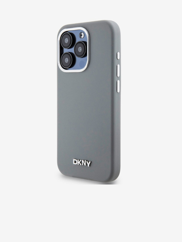 DKNY Tekoči silikonski srebrni kovinski logotip Magsafe hrbtni ovitek za iPhone 15 Pro Grey DKNY