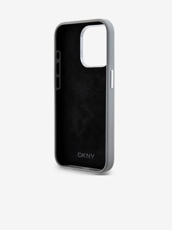 DKNY Tekoči silikonski srebrni kovinski logotip Magsafe hrbtni ovitek za iPhone 15 Pro Grey DKNY