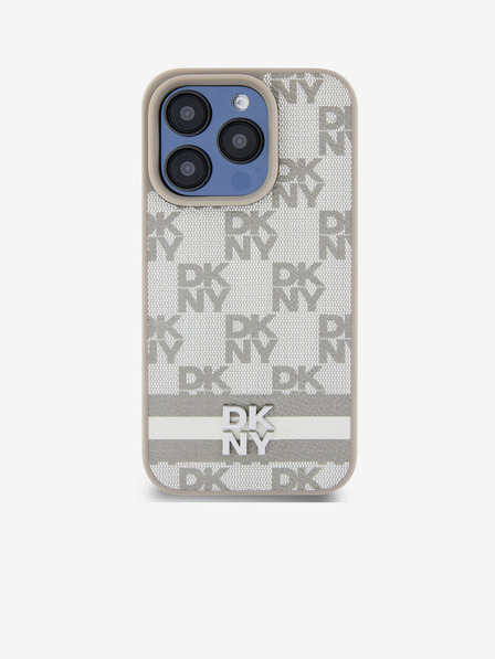 DKNY PU Usnje s kvačkanim vzorcem in črtami za iPhone 13 Pro Beige DKNY