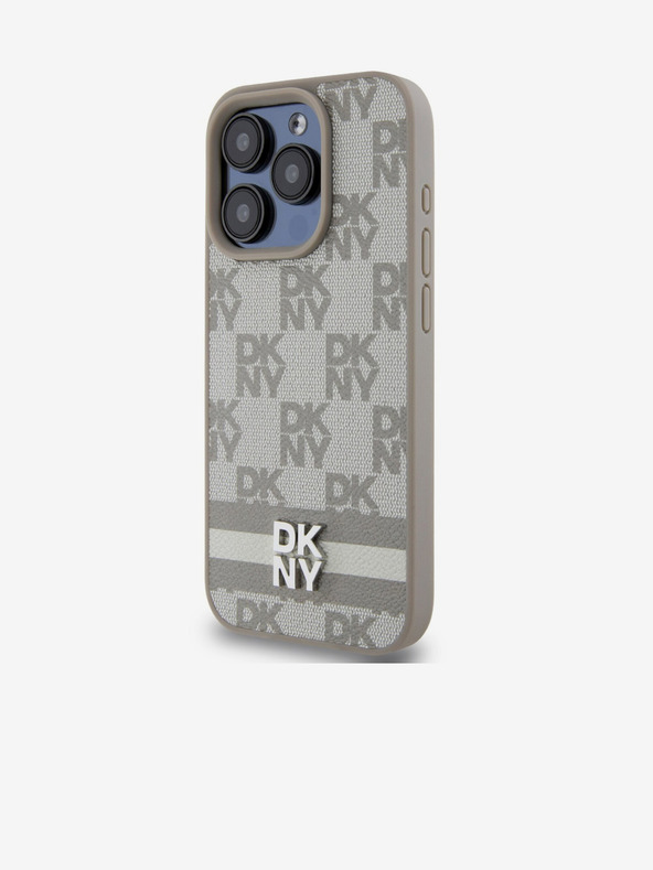 DKNY PU Usnje s kvačkanim vzorcem in črtami za iPhone 13 Pro Beige DKNY