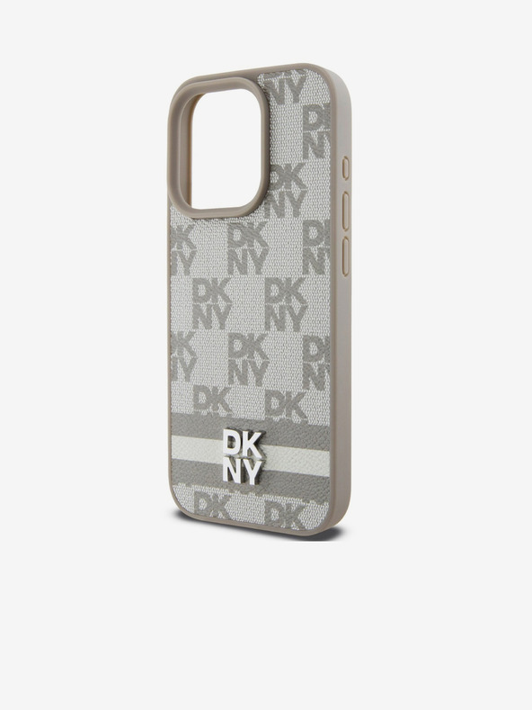 DKNY PU Usnje s kvačkanim vzorcem in črtami za iPhone 13 Pro Beige DKNY
