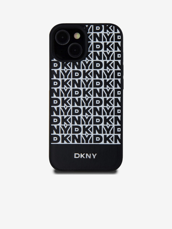 DKNY PU Usnje Ponavljajoči se vzorec spodnjega dela Stripe MagSafe hrbtni ovitek za iPhone 15 Black DKNY