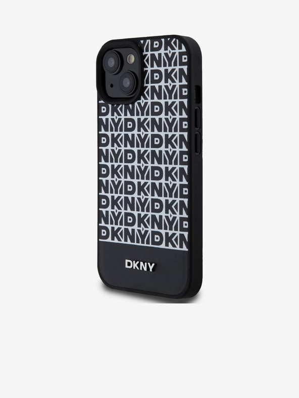 DKNY PU Usnje Ponavljajoči se vzorec spodnjega dela Stripe MagSafe hrbtni ovitek za iPhone 15 Black DKNY