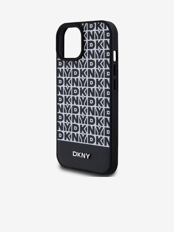DKNY PU Usnje Ponavljajoči se vzorec spodnjega dela Stripe MagSafe hrbtni ovitek za iPhone 15 Black DKNY