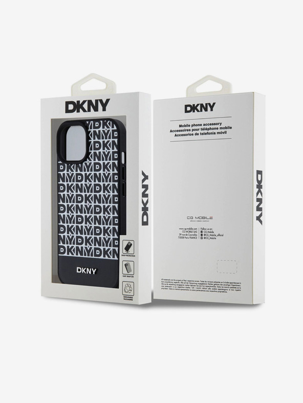 DKNY PU Usnje Ponavljajoči se vzorec spodnjega dela Stripe MagSafe hrbtni ovitek za iPhone 15 Black DKNY