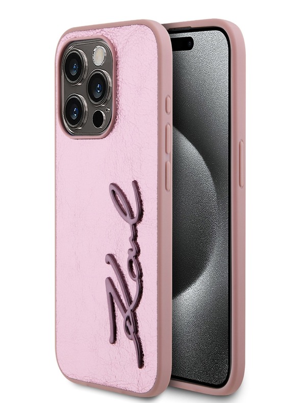 Karl Lagerfeld Mehčan zadnji ovitek z logotipom PU Signature za iPhone 15 Pro Pink Karl Lagerfeld