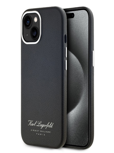 Karl Lagerfeld Hrbtni ovitek Grained PU Hotel RSG za iPhone 15 črn Karl Lagerfeld