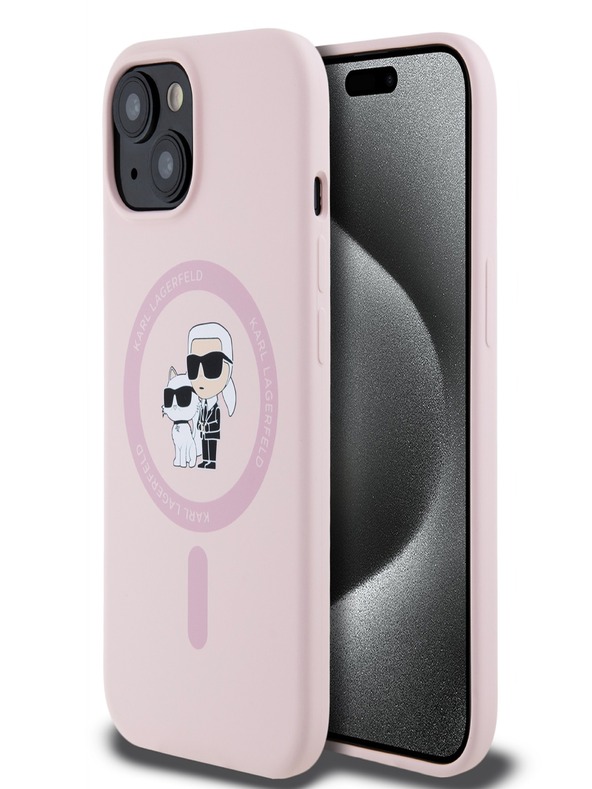 Karl Lagerfeld Tekoči silikon Karl and Choupette Magsafe hrbtni ovitek za iPhone 15 Roza Karl Lagerfeld