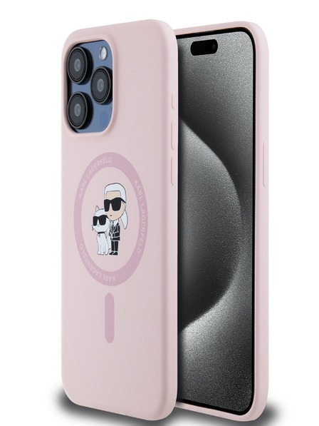 Karl Lagerfeld Tekoči silikon Karl in Choupette Magsafe hrbtni ovitek za iPhone 15 Pro Pink Karl Lagerfeld