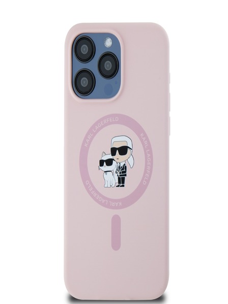 Karl Lagerfeld Tekoči silikon Karl in Choupette Magsafe hrbtni ovitek za iPhone 15 Pro Pink Karl Lagerfeld