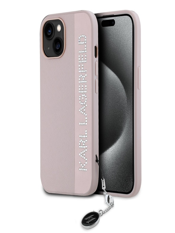 Karl Lagerfeld Karl Lagerfeld PU Saffiano Rhinestone Charm hrbtni ovitek za iPhone 15 Roza
