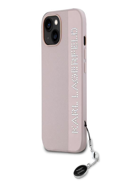 Karl Lagerfeld Karl Lagerfeld PU Saffiano Rhinestone Charm hrbtni ovitek za iPhone 15 Roza