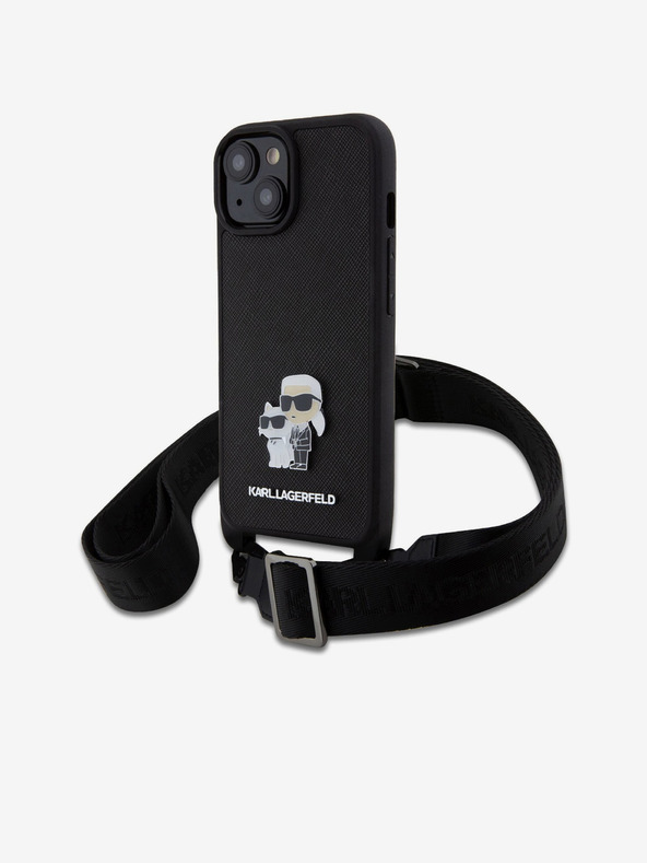 Karl Lagerfeld Karl Lagerfeld Saffiano Crossbody Strap Metal Karl and Choupette Back Cover za iPhone 15 Black