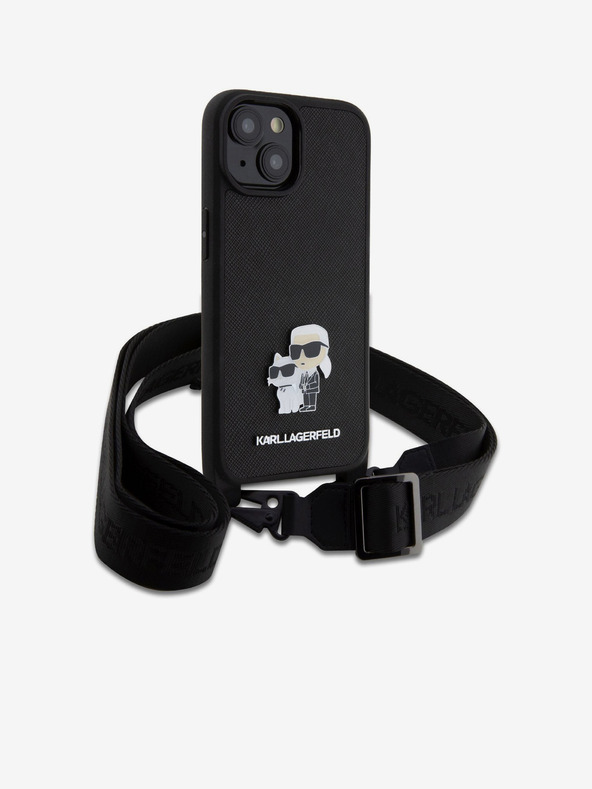 Karl Lagerfeld Karl Lagerfeld Saffiano Crossbody Strap Metal Karl and Choupette Back Cover za iPhone 15 Black