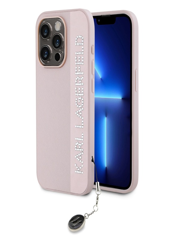 Karl Lagerfeld Karl Lagerfeld PU Saffiano Rhinestone Charm hrbtni ovitek za iPhone 15 Pro Pink