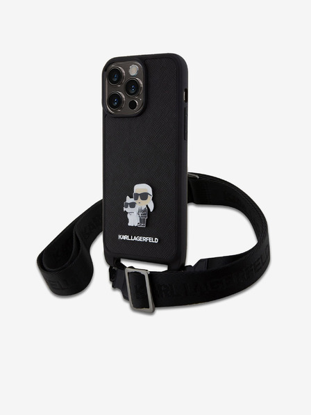 Karl Lagerfeld Saffiano Crossbody Strap Metal Karl and Choupette hrbtni ovitek za iPhone 15 Pro Max Black Karl Lagerfeld