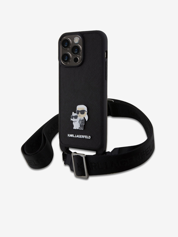 Karl Lagerfeld Saffiano Crossbody Strap Metal Karl and Choupette hrbtni ovitek za iPhone 15 Pro Max Black Karl Lagerfeld