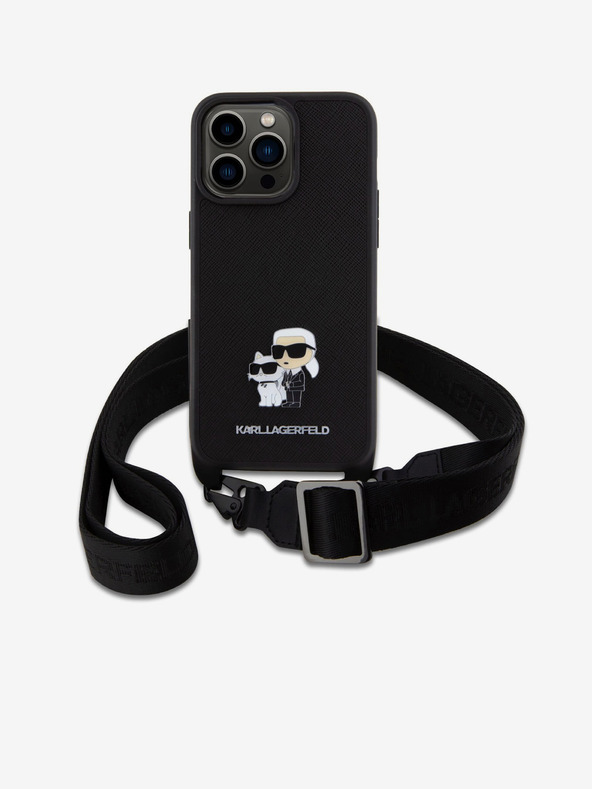 Karl Lagerfeld Saffiano Crossbody Strap Metal Karl and Choupette hrbtni ovitek za iPhone 15 Pro Max Black Karl Lagerfeld