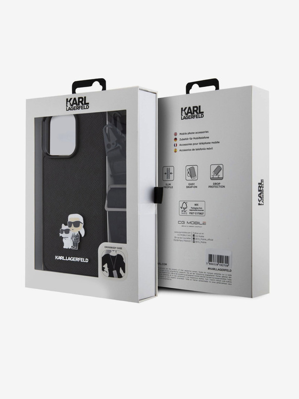 Karl Lagerfeld Saffiano Crossbody Strap Metal Karl and Choupette hrbtni ovitek za iPhone 15 Pro Max Black Karl Lagerfeld