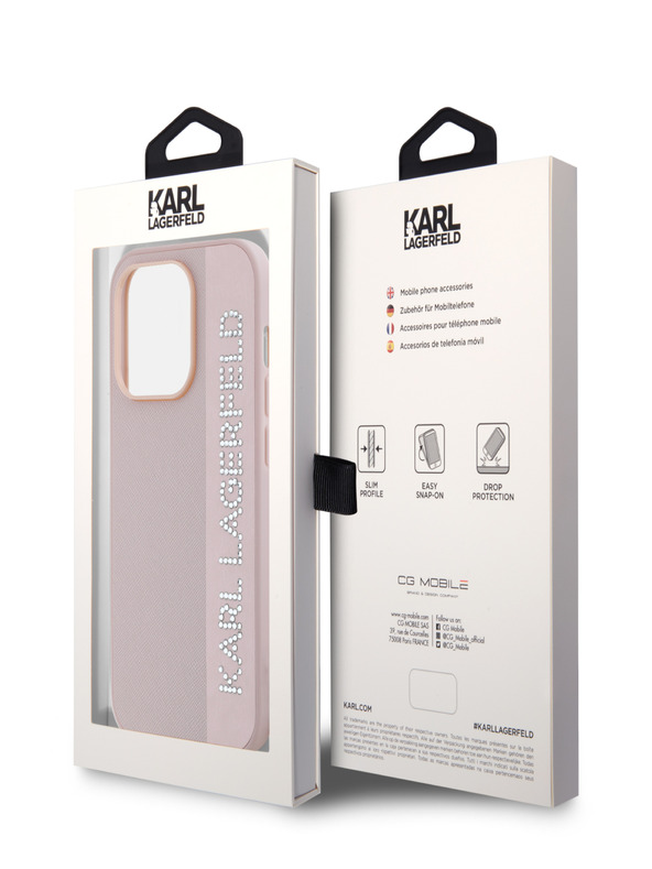 Karl Lagerfeld Karl Lagerfeld PU Saffiano hrbtni ovitek z okrasom iz kamenčkov za iPhone 14 Pro roza