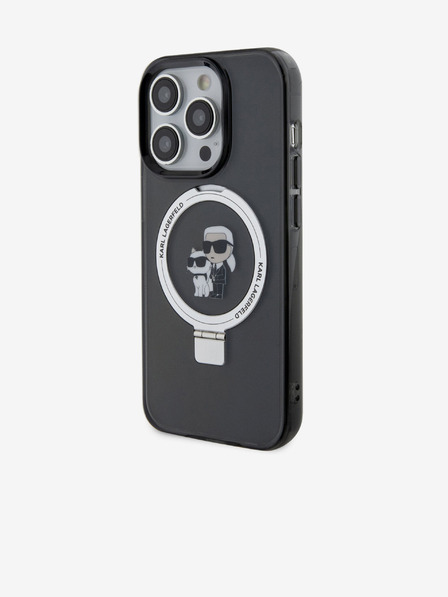 Karl Lagerfeld Ringstand Karl in Choupette MagSafe hrbtni ovitek za iPhone 15 Pro črn Karl Lagerfeld