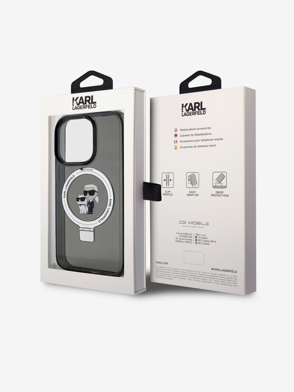 Karl Lagerfeld Ringstand Karl in Choupette MagSafe hrbtni ovitek za iPhone 15 Pro črn Karl Lagerfeld
