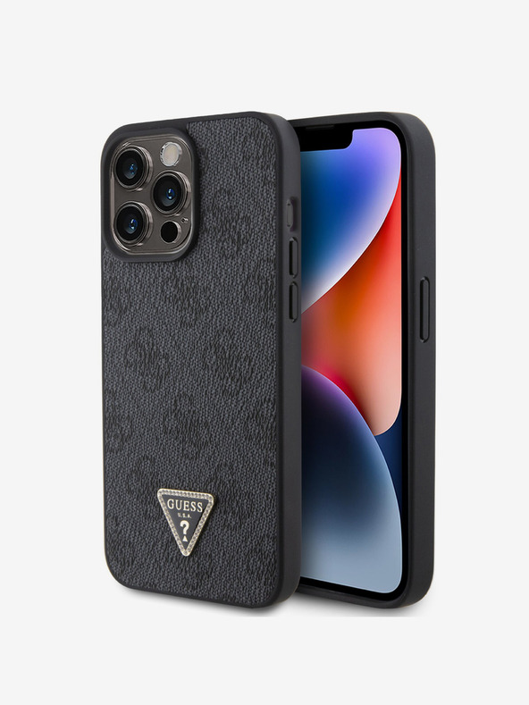Guess PU 4G Strass Triangle Metal Logo Zadní Kryt pro iPhone 15 Pro Max Black Ovitek za telefon