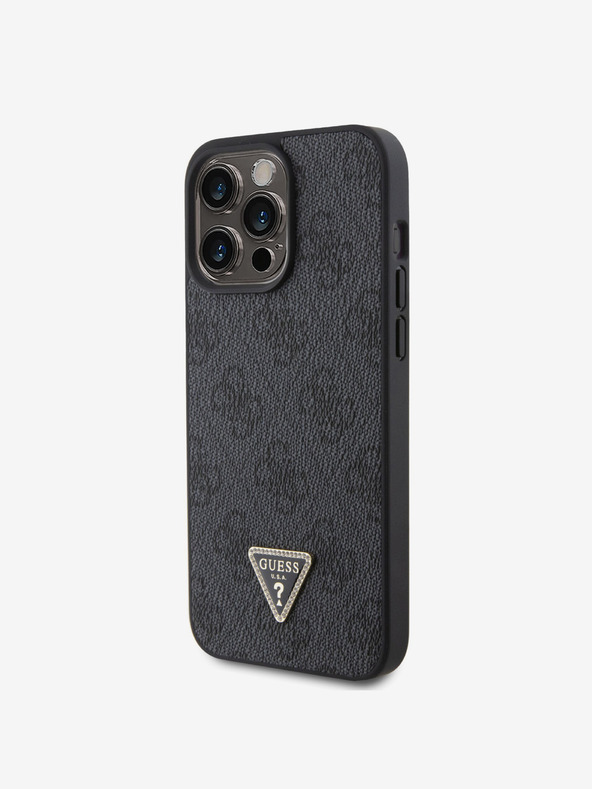 Guess PU 4G Strass Triangle Metal Logo Zadní Kryt pro iPhone 15 Pro Max Black Ovitek za telefon