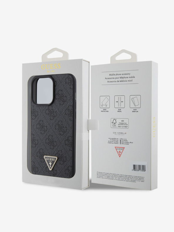 Guess PU 4G Strass Triangle Metal Logo Zadní Kryt pro iPhone 15 Pro Max Black Ovitek za telefon