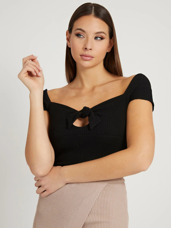 Guess Črna Ženska rebrasta oprijeta majica z lokom Guess Valeriana