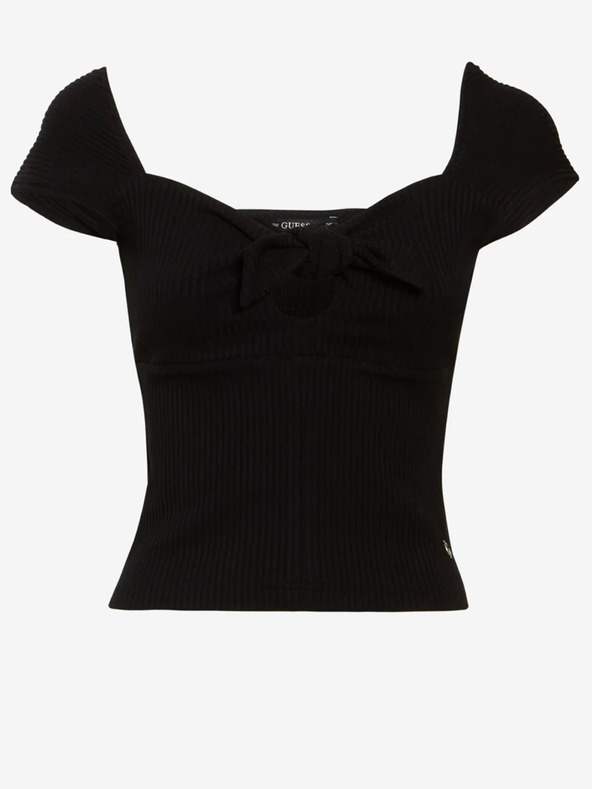 Guess Črna Ženska rebrasta oprijeta majica z lokom Guess Valeriana