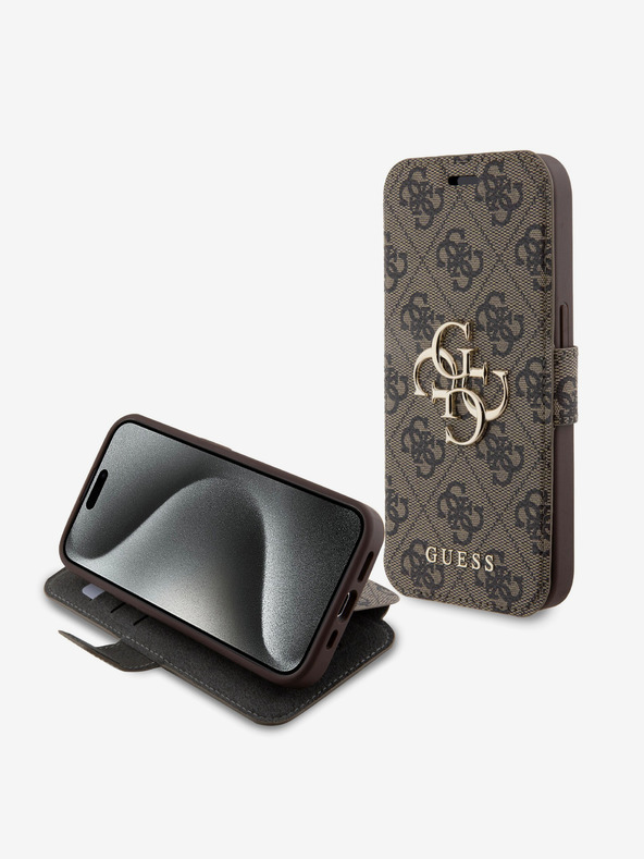 Guess Guess PU usnje 4G kovinski logotip knjižni ovitek za iPhone 15 Pro Max Brown