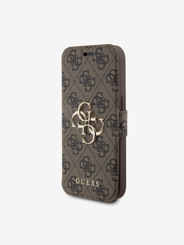 Guess Guess PU usnje 4G kovinski logotip knjižni ovitek za iPhone 15 Pro Max Brown