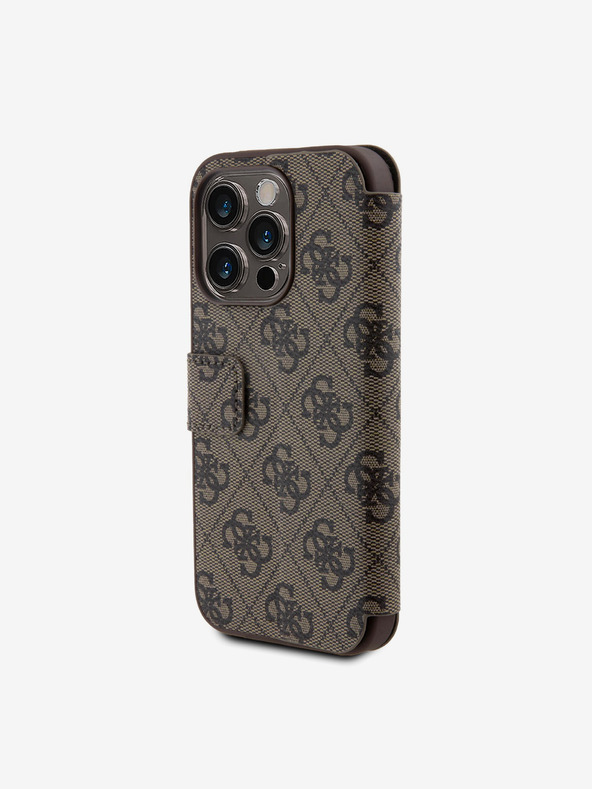 Guess Guess PU usnje 4G kovinski logotip knjižni ovitek za iPhone 15 Pro Max Brown