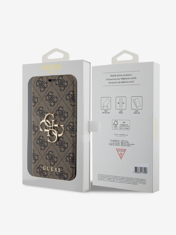 Guess Guess PU usnje 4G kovinski logotip knjižni ovitek za iPhone 15 Pro Max Brown
