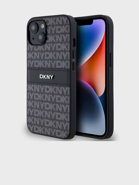 DKNY PU usnje Ponavljajoči se vzorec Tonalni črtasti zadnji ovitek za iPhone 14 Black DKNY