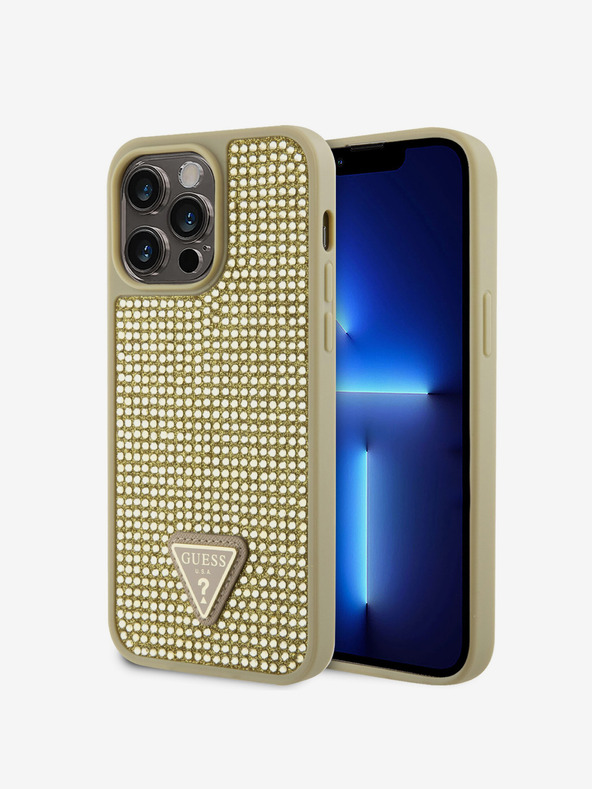 Guess Guess Trikotni kovinski ovitek z logotipom s kamenčki za iPhone 15 Pro Max Gold