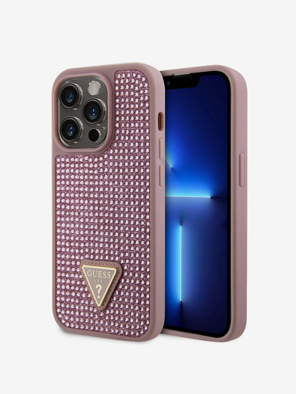 Guess Guess kovinski ovitek s trikotnim logotipom Guess Rhinestones za iPhone 15 Pro roza