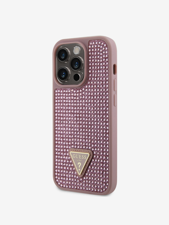 Guess Guess kovinski ovitek s trikotnim logotipom Guess Rhinestones za iPhone 15 Pro roza