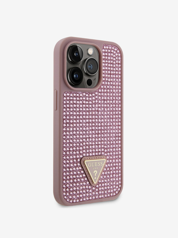 Guess Guess kovinski ovitek s trikotnim logotipom Guess Rhinestones za iPhone 15 Pro roza