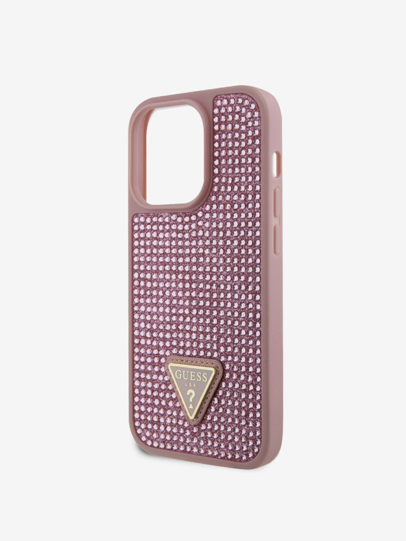 Guess Guess kovinski ovitek s trikotnim logotipom Guess Rhinestones za iPhone 15 Pro roza