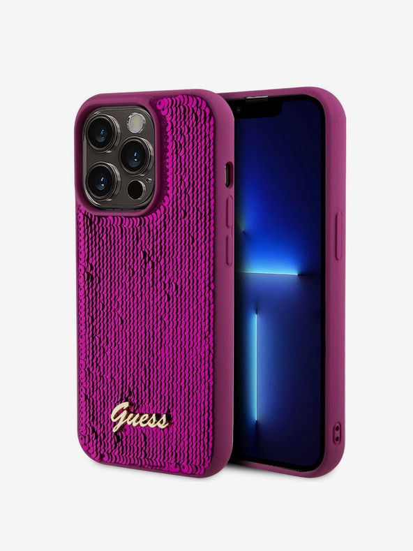 Guess Guess Sequin Script Logo hrbtni ovitek za iPhone 14 Pro Max Magenta