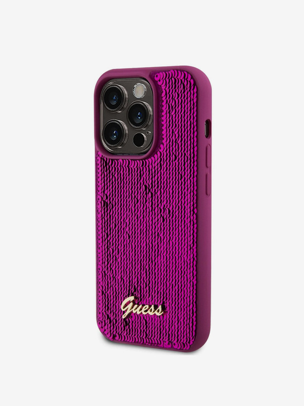Guess Guess Sequin Script Logo hrbtni ovitek za iPhone 14 Pro Max Magenta