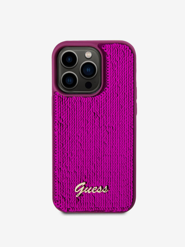 Guess Guess Sequin Script Logo hrbtni ovitek za iPhone 14 Pro Max Magenta