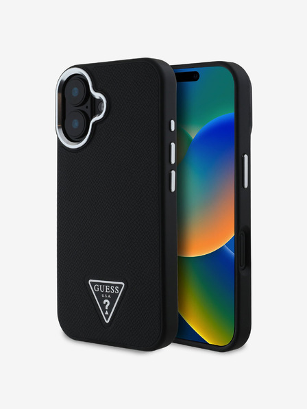 Guess Guess PU zrnata zadnja prevleka s trikotnim logotipom za iPhone 16 črna