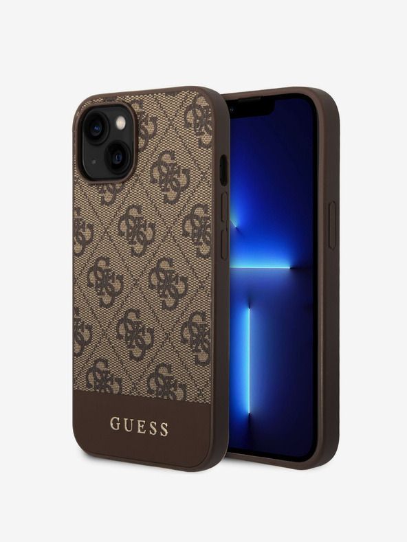 Guess Guess PU 4G črtasti zadnji ovitek za iPhone 14 rjav