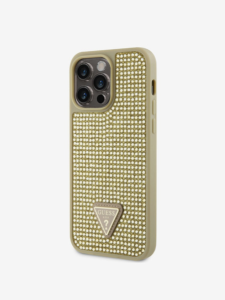 Guess Guess ovitek s kovinskim logotipom Trikotnik s kristali za iPhone 14 Pro Max Gold