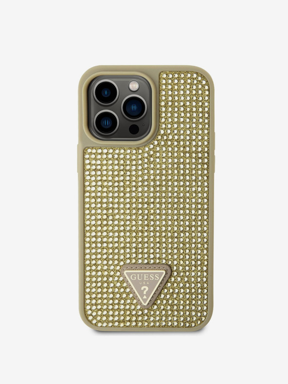 Guess Guess ovitek s kovinskim logotipom Trikotnik s kristali za iPhone 14 Pro Max Gold