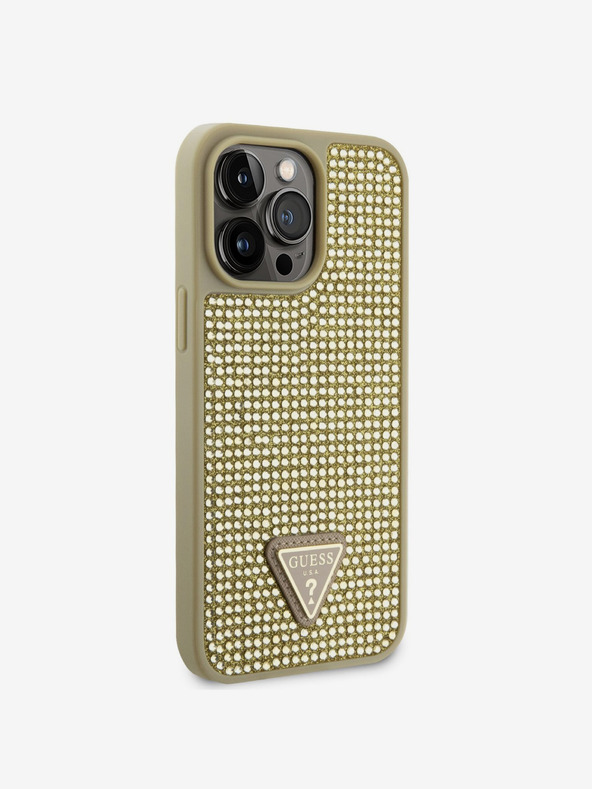 Guess Guess ovitek s kovinskim logotipom Trikotnik s kristali za iPhone 14 Pro Max Gold